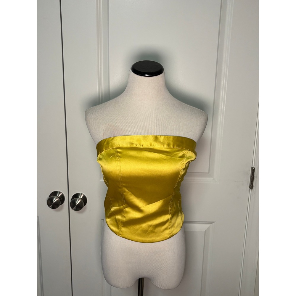 Wild Fable Womens Yellow Satin Crop Corset Tube Top Strapless Smocked Back M NEW